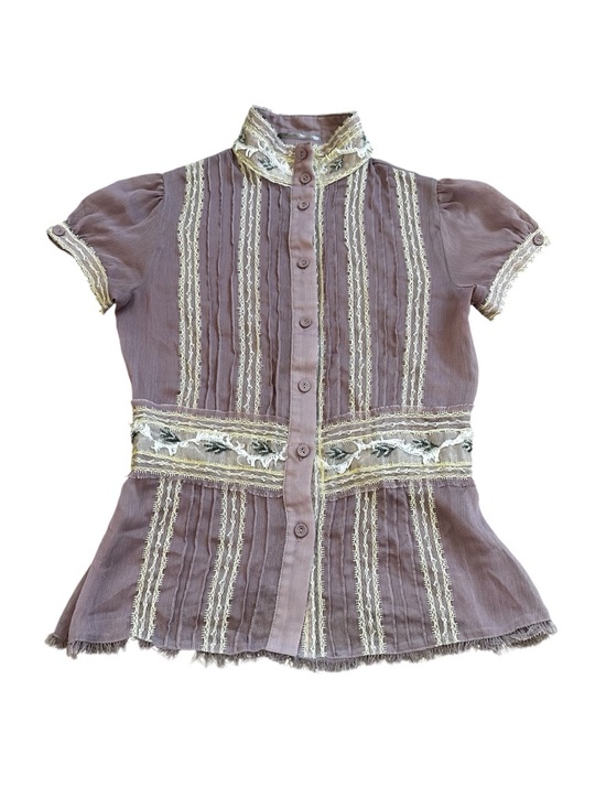 Miss Me Tops - Miss Me chiffon button up blouse with lace and beading semi sheer